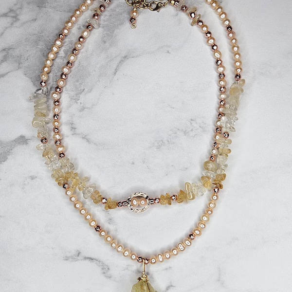 Handwrapped Citrine, Pearl, Hematite, Crystal Necklace Set