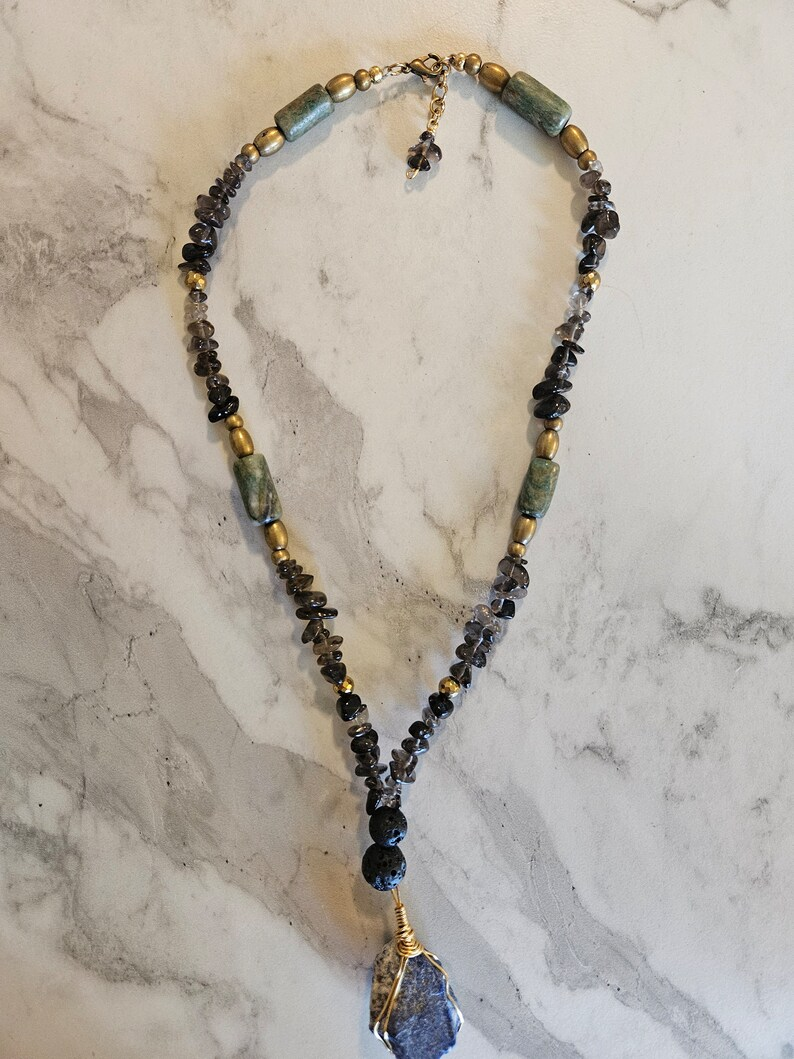 Unique Lapis Lazuli, Onyx, Smoky Quartz Multi-Stone Necklace